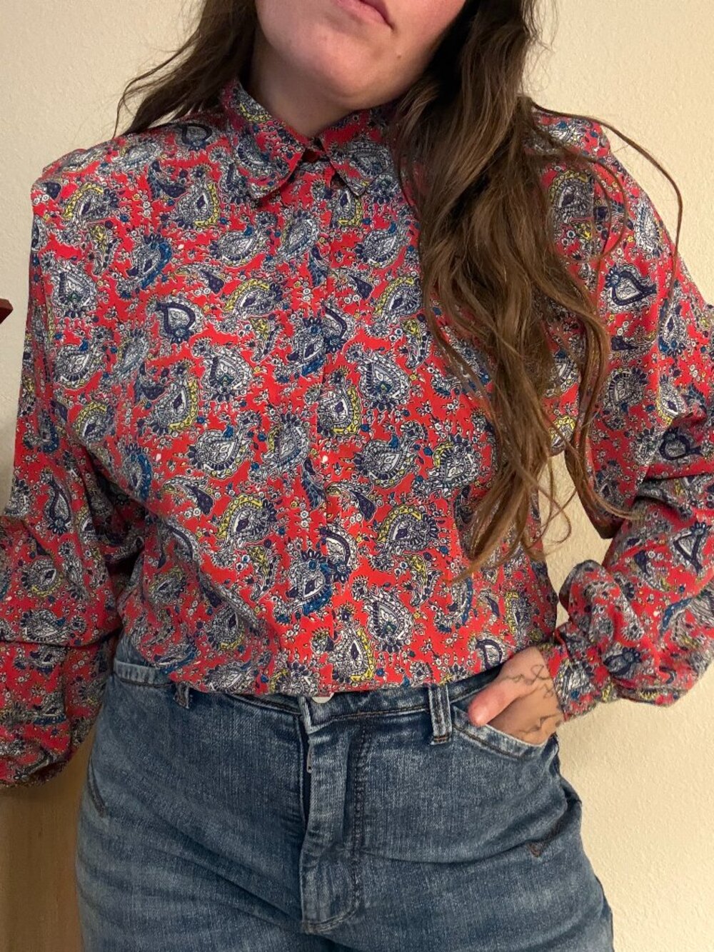 PRICE FIRM Vintage Notations Red Paisley Button Down Secretary Blouse M/L